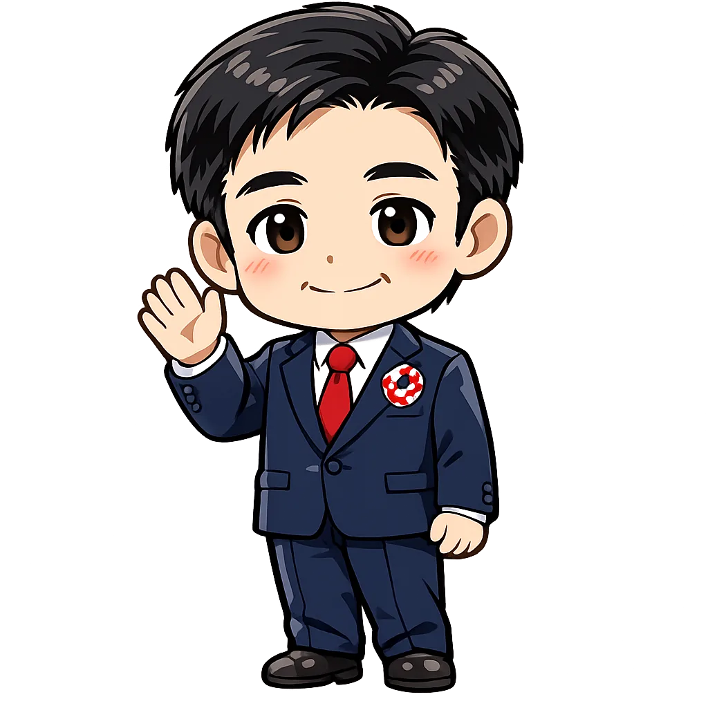 ムラー知事のイラスト。紺のスーツに赤いネクタイ、右手を挙げて挨拶する大阪府知事キャラクター。