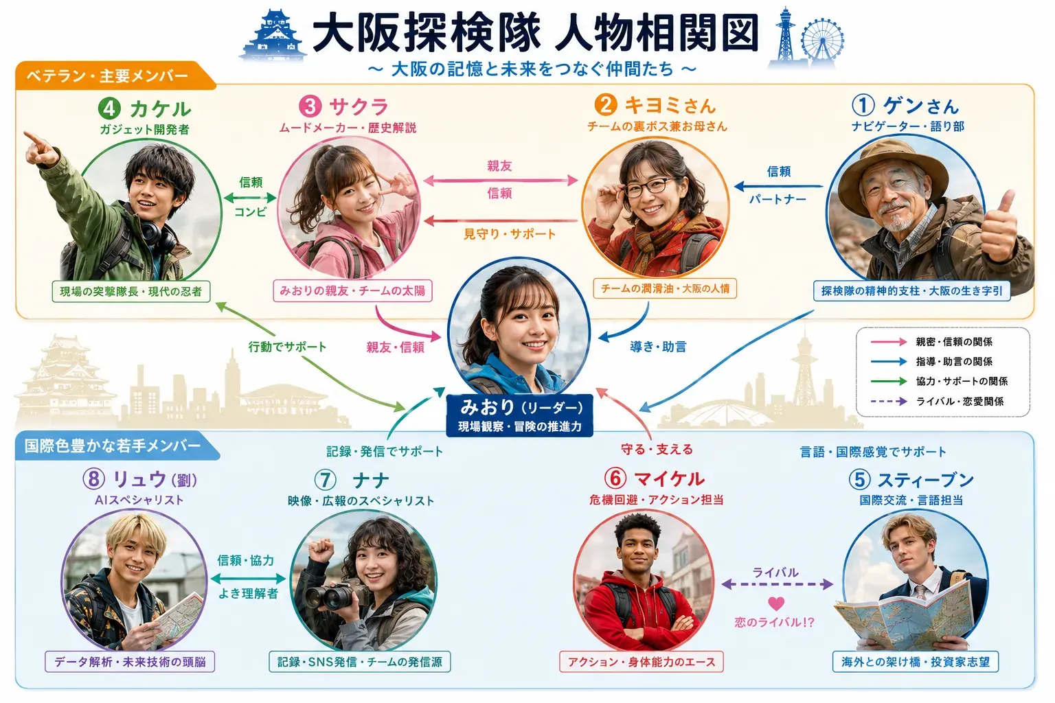 大阪探検隊 人物相関図。中央のリーダーみおりを囲むようにゲンさん、キヨミさん、サクラ、カケル、スティーブン、マイケル、ナナ、リュウの8名が配置され、各キャラ間が信頼・サポート・ライバル・恋愛関係でつながっている。