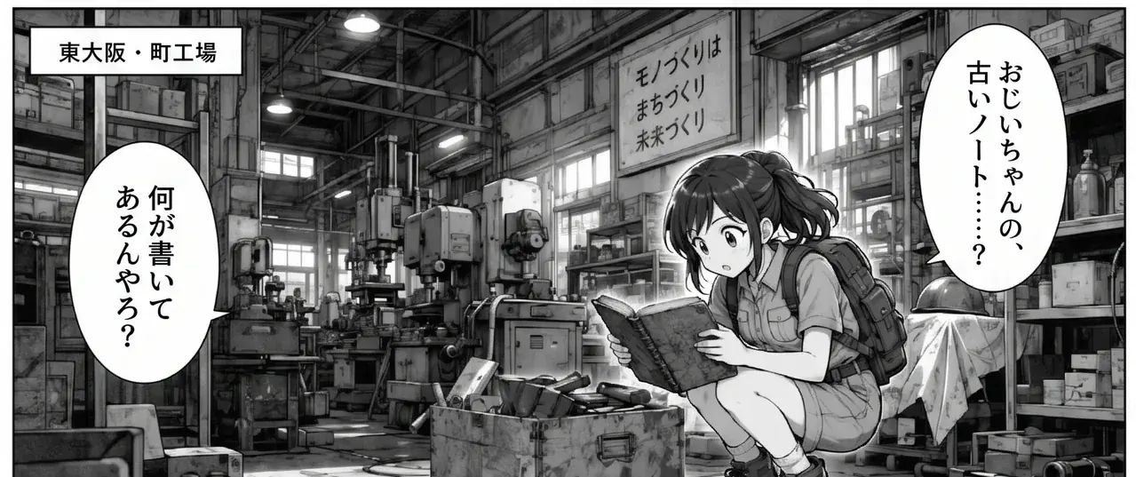 AIコミック第1話「東大阪から、夢洲の記憶へ」の表紙コマ。東大阪の町工場で探検ノートを見つけたみおり。
