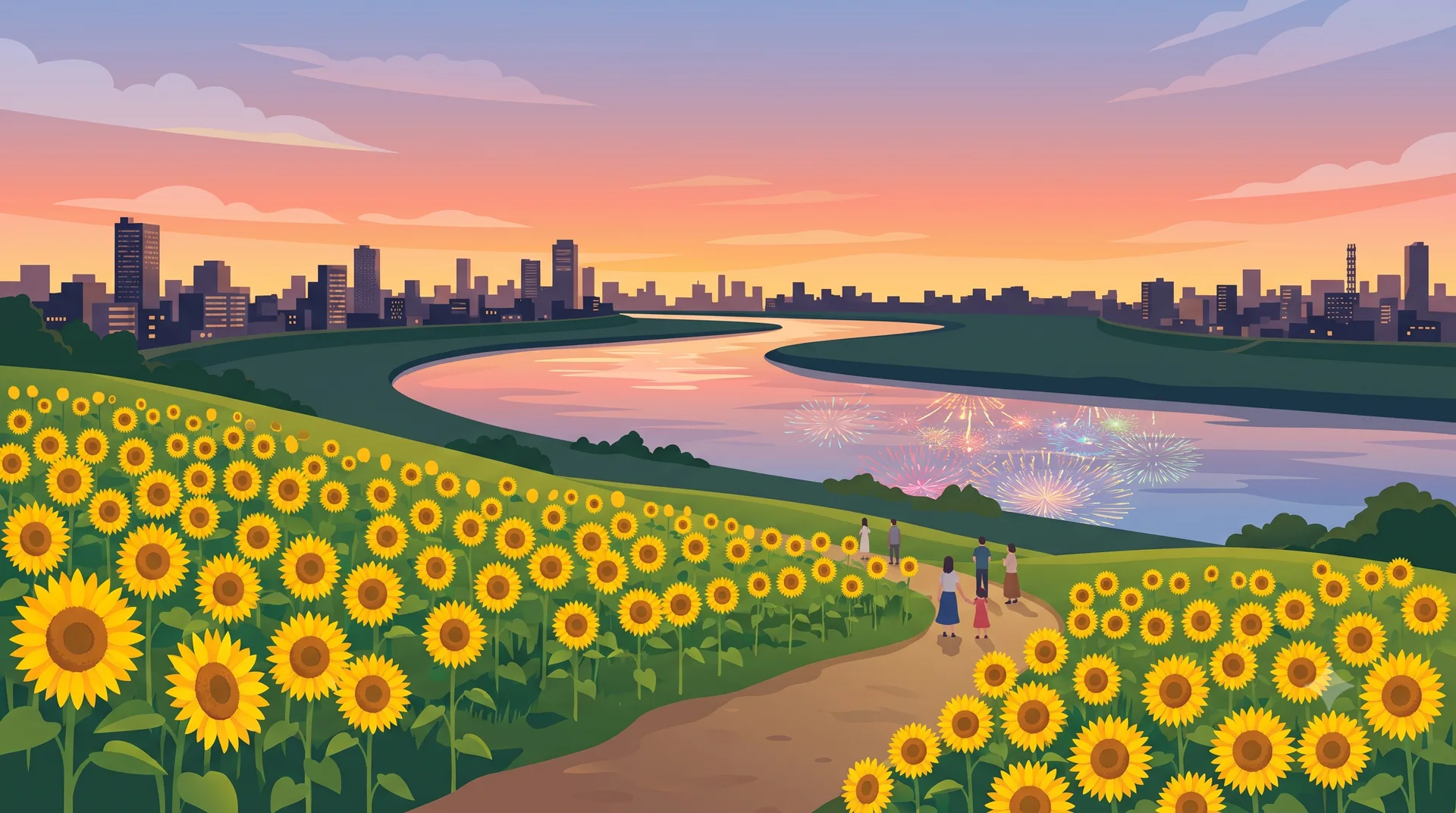 夕焼けの河川敷にひまわり畑が広がり、川の向こうで花火が上がる夏の大阪のイメージイラスト