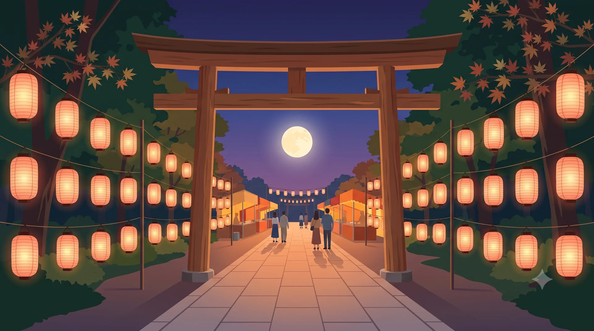 提灯が並ぶ夜の参道と鳥居、満月が浮かぶ秋祭りのイメージイラスト