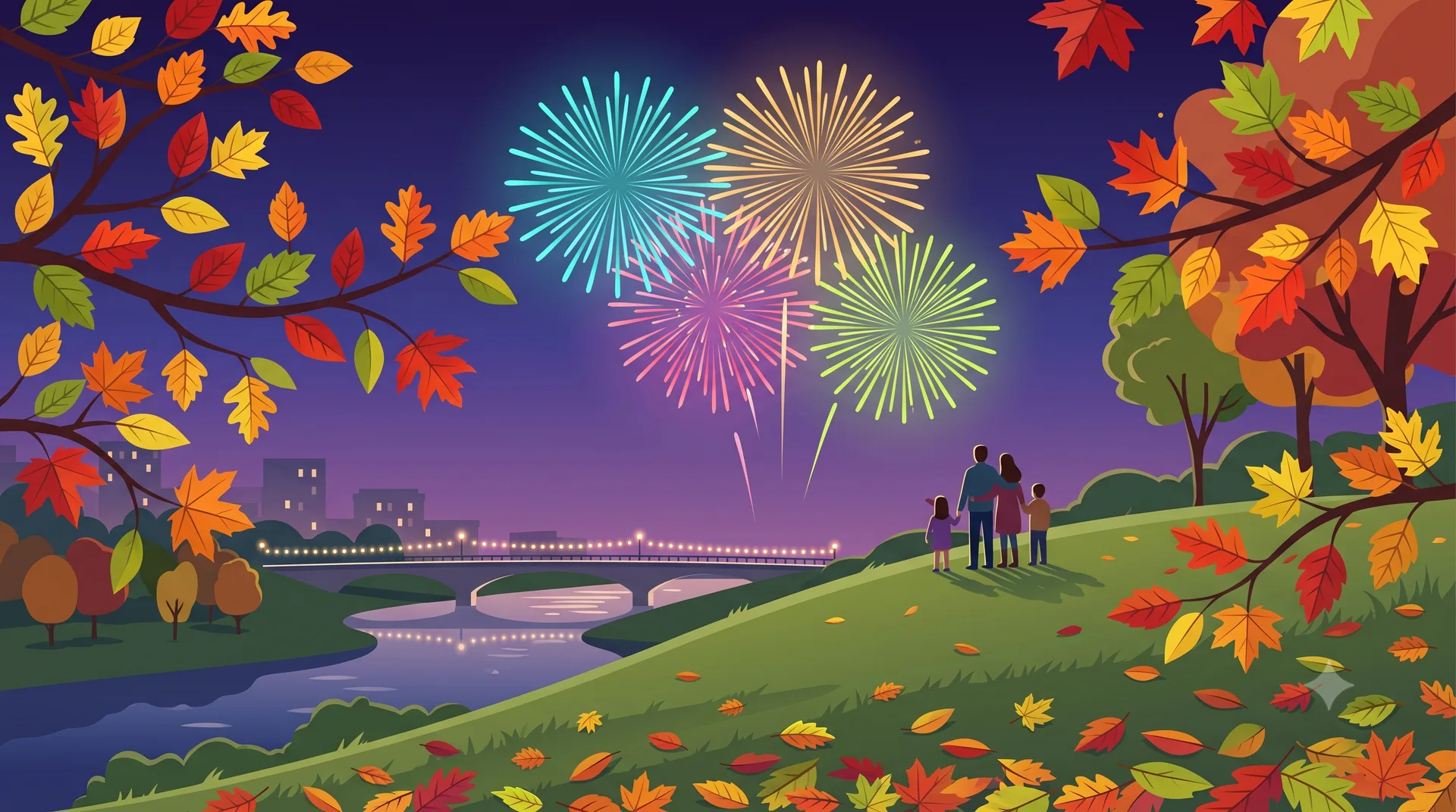 紅葉した木々ごしに川辺の花火を見上げる家族を描いた、秋のイメージイラスト