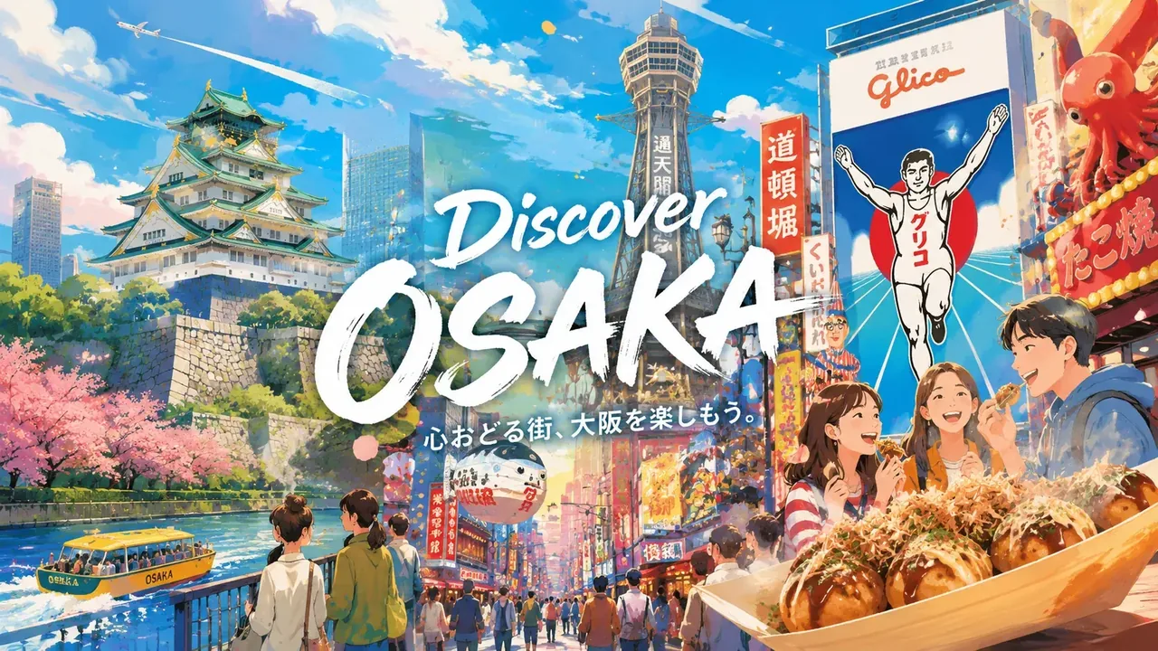 ホログラムのグリコ看板と色を変える灯りで賑わう未来の道頓堀、たこ焼きを片手に橋を渡る旅人たち