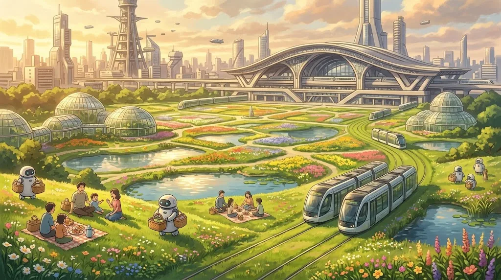 温室ドームと芝生軌道のトラムが走る2050年のうめきた（AI生成イメージ）