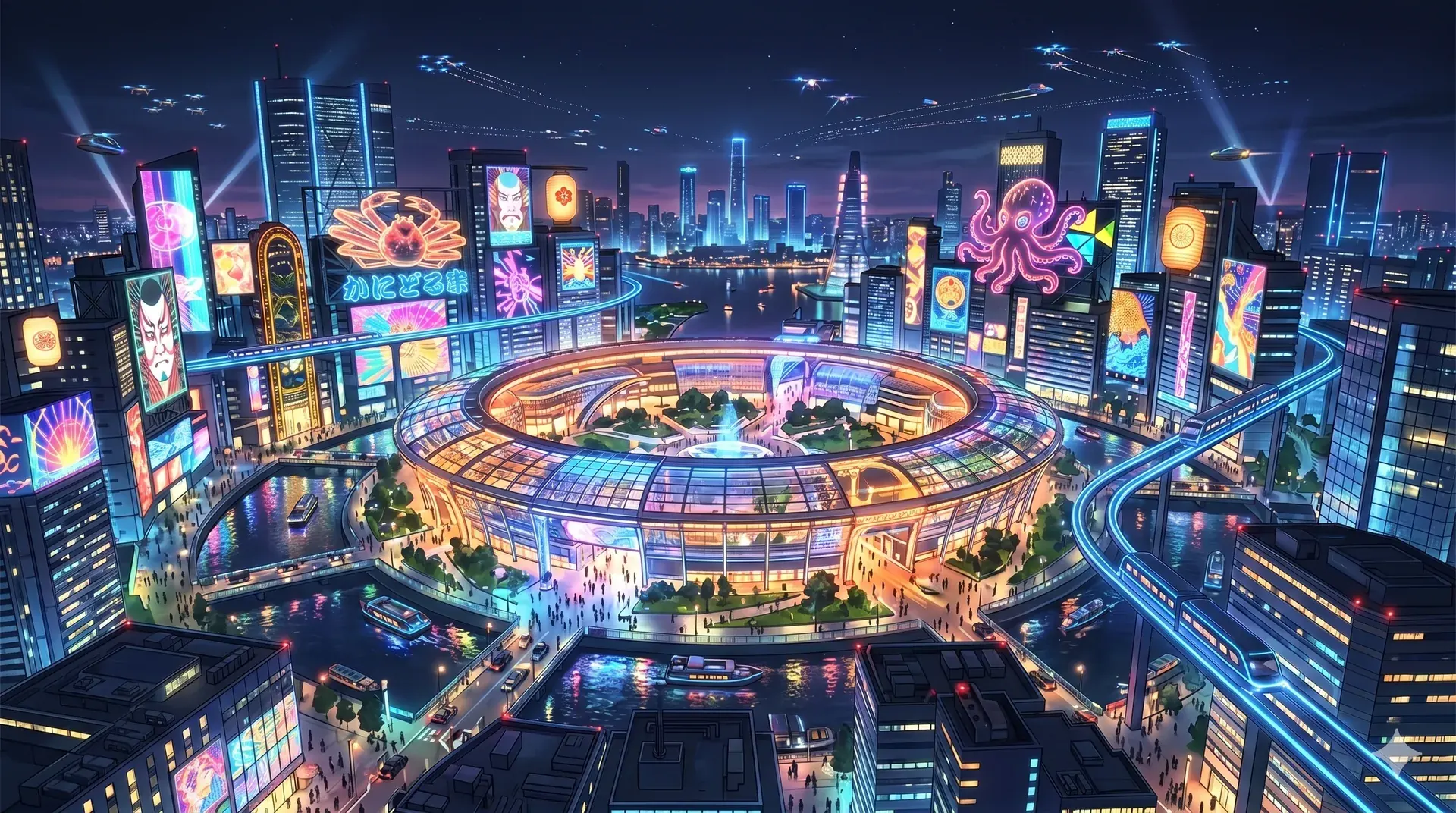 円形アリーナを虹色の高層ビルが囲み光の帯が流れる、ネオン輝く夜の未来都市スタジアム