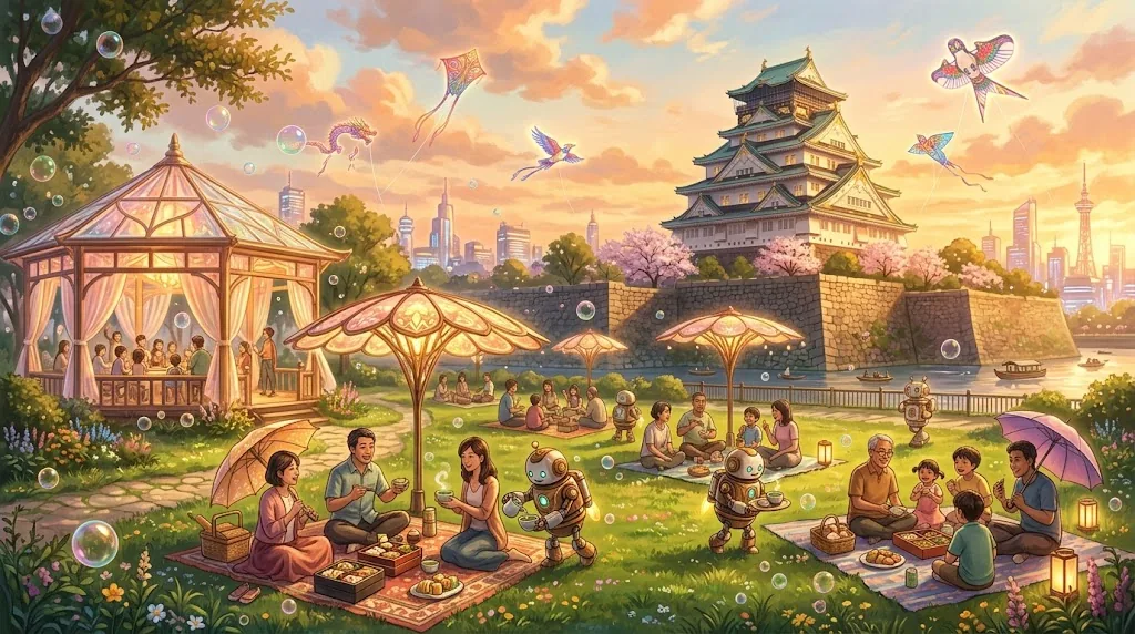 抹茶ロボと透けた花見パビリオンのある未来の庭園（AI生成イメージ）