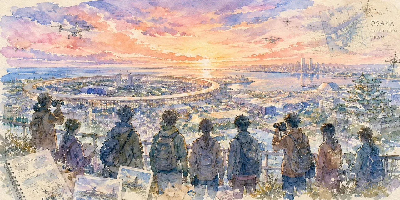 高台に並んで夕焼けの未来の大屋根スカイラインを眺める大阪探検隊の後ろ姿を描いた水彩画