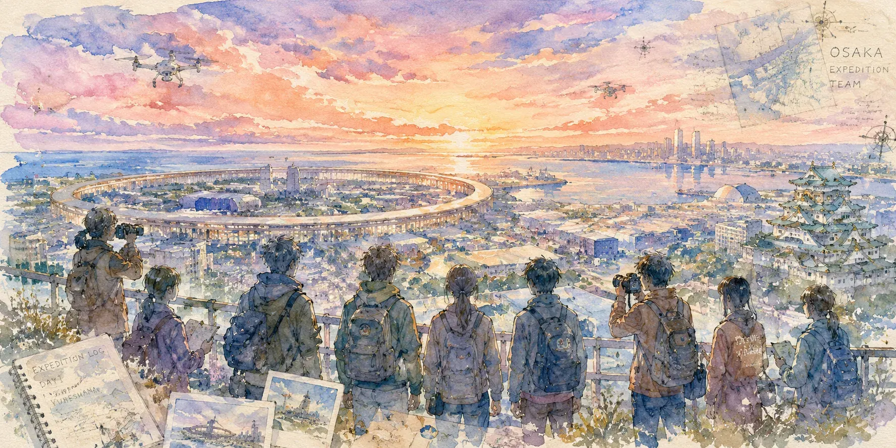 高台に並んで夕焼けの未来の大屋根スカイラインを眺める大阪探検隊の後ろ姿を描いた水彩画