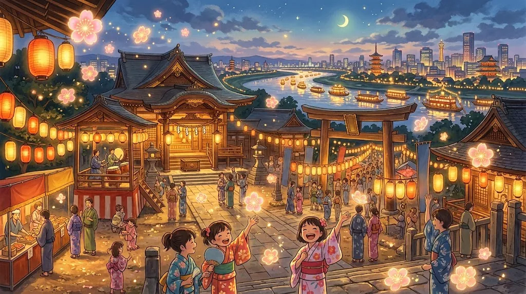梅の花びらのホログラムが舞う祭り前夜の境内（AI生成イメージ）
