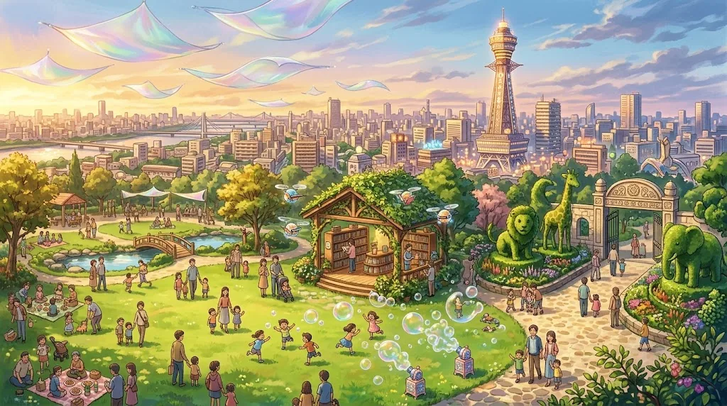 浮かぶ日よけ帆と青空図書館のある芝生広場（AI生成イメージ）