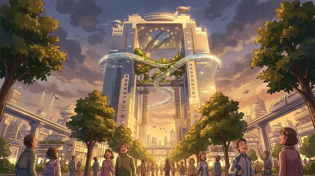 浮遊庭園と飛行船ドックをまとった2050年の空中庭園（AI生成イメージ）
