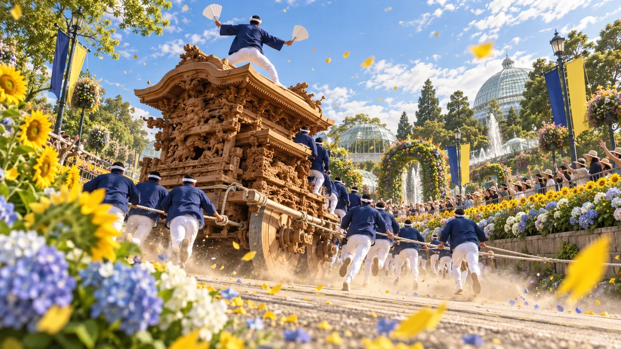 花が咲きそろう博覧会の大通りを、法被姿の曳き手が木彫りの山車を曳いていく様子を描いたイメージイラスト