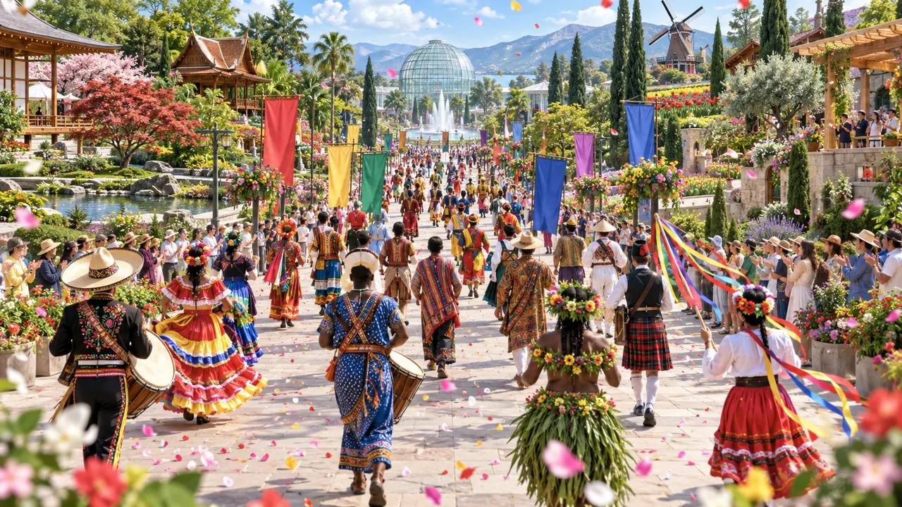 各国の民族衣装をまとった人々が花の並木道を行進する、ナショナルデーの式典を描いたイメージイラスト