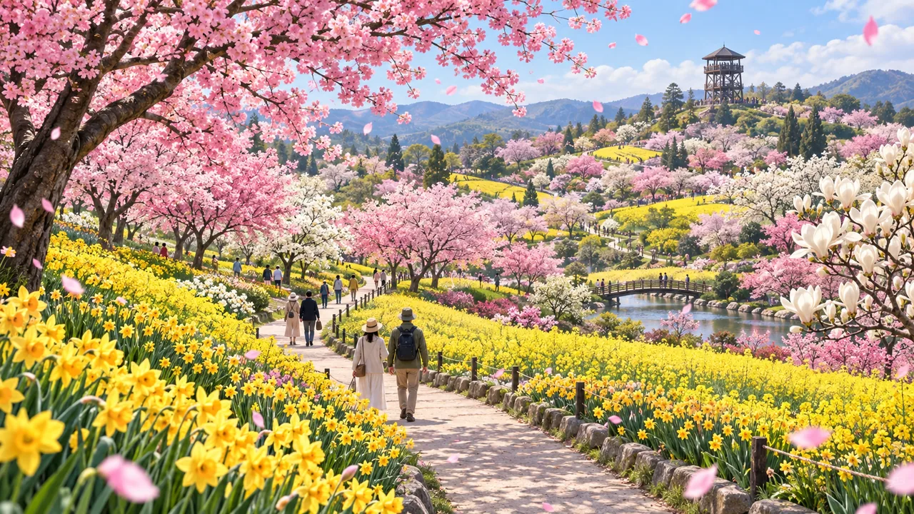 桜並木の足元に菜の花とスイセンが咲きそろう、開幕期の博覧会の園路を描いたイメージイラスト