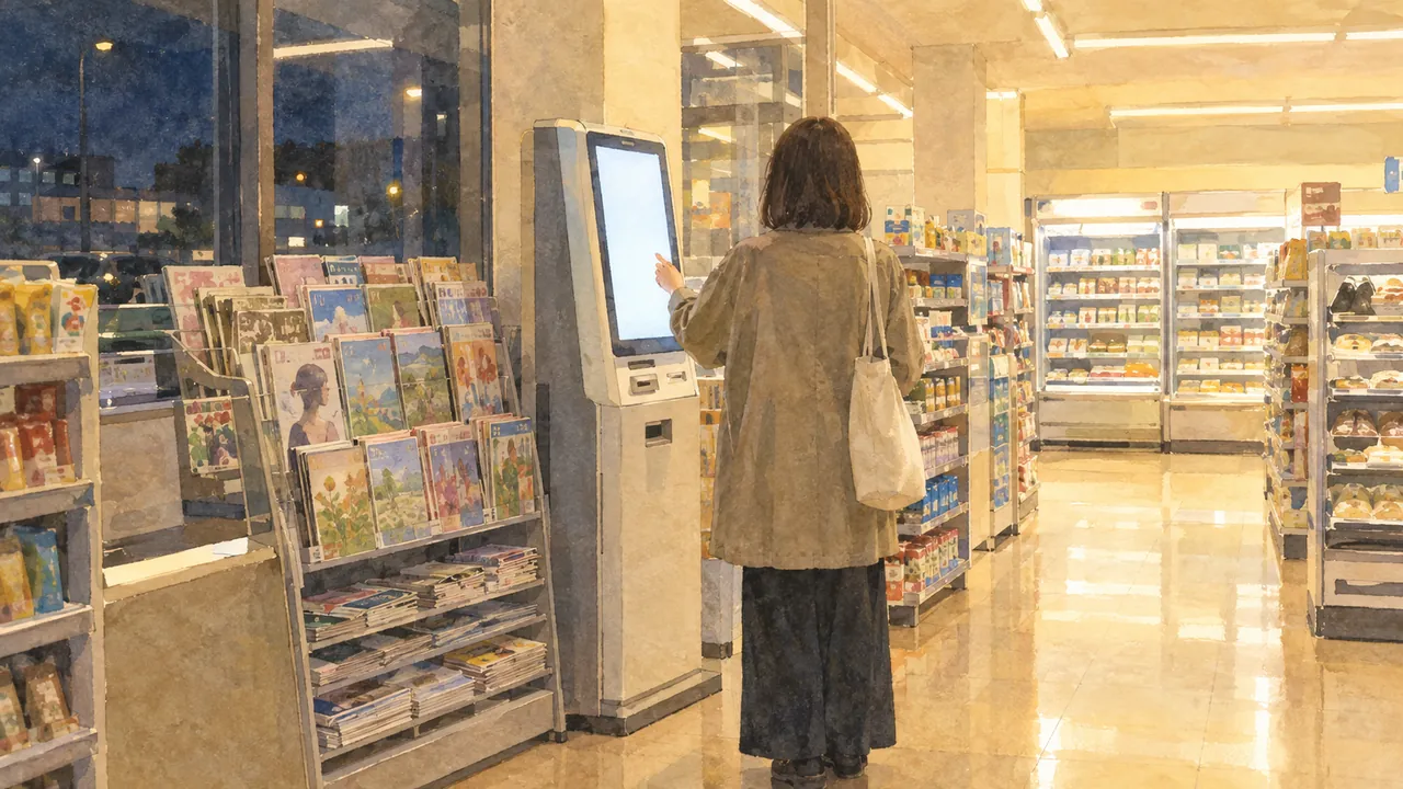 夜のコンビニエンスストアで、発券端末の画面に手を伸ばす人を後ろから描いたイメージイラスト