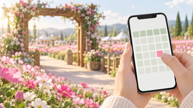 花畑を背景に、スマートフォンのカレンダー画面から来場日を選ぶ手元を描いたイメージイラスト