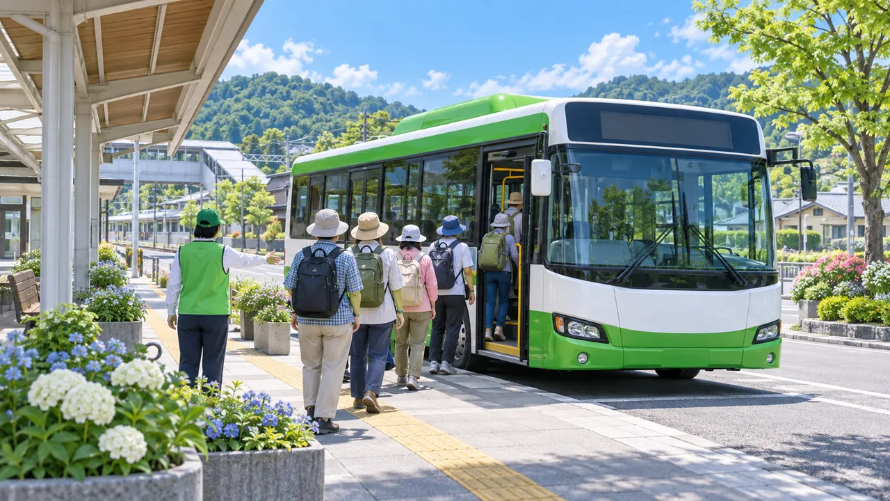 駅前のロータリーで列に並び、シャトルバスに乗り込む来場者を描いたイメージイラスト