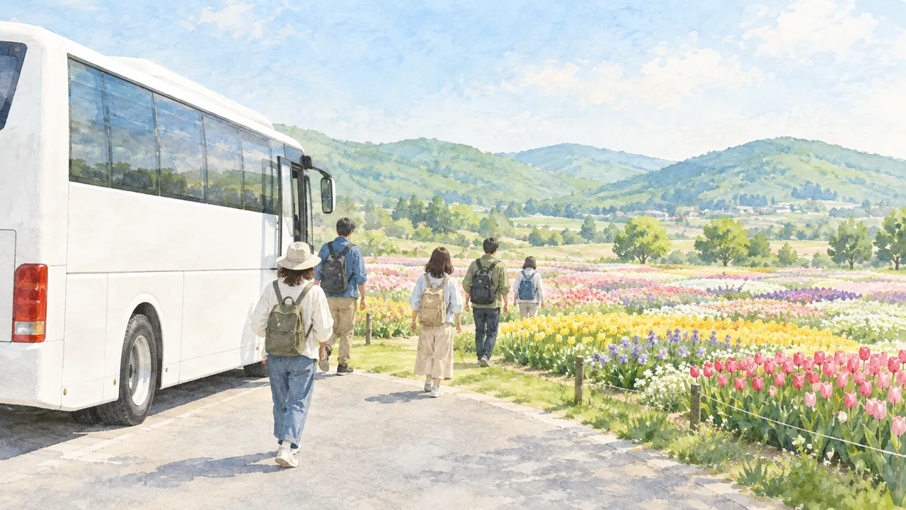 花畑のわきに停まった白い大型バスから降り、花壇へ歩いていく旅行者たちのイメージイラスト