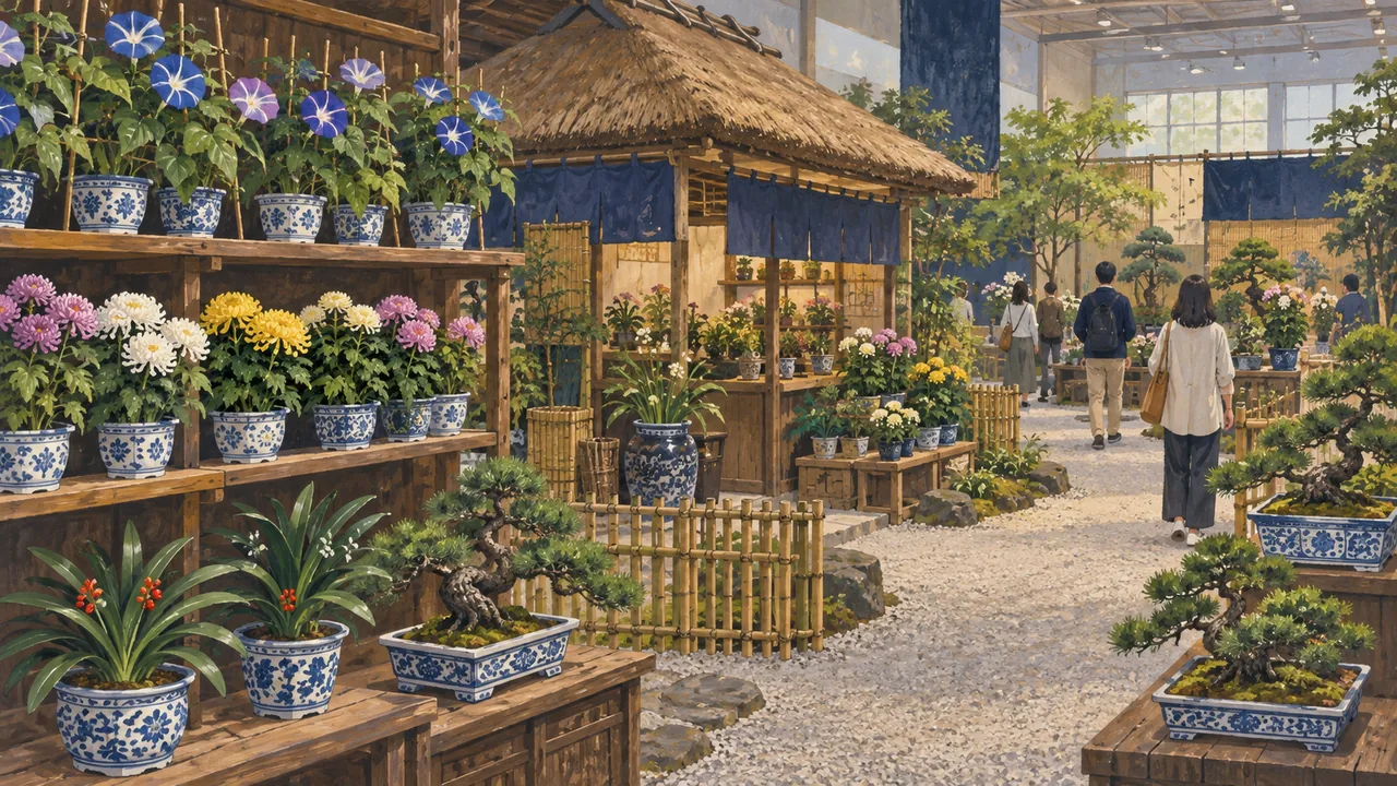 鉢植えの草花が並ぶ棚と木造の建物が続く、江戸の植木屋・花屋敷を再現した空間を描いたイメージイラスト