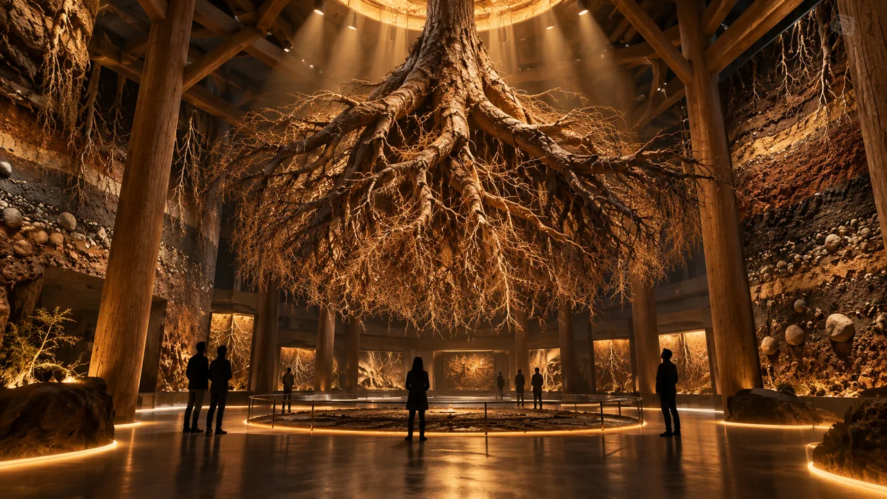地下に広がる巨大な根のネットワークを見上げる来場者を描いた、暗い展示空間のイメージイラスト