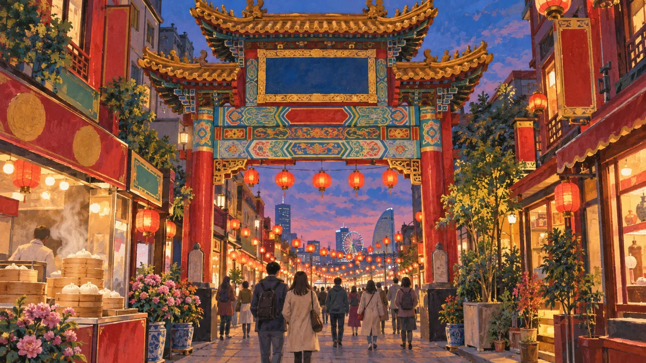 赤い提灯が連なる通りの奥に色鮮やかな牌楼が建つ、中華街の夜を描いたイメージイラスト