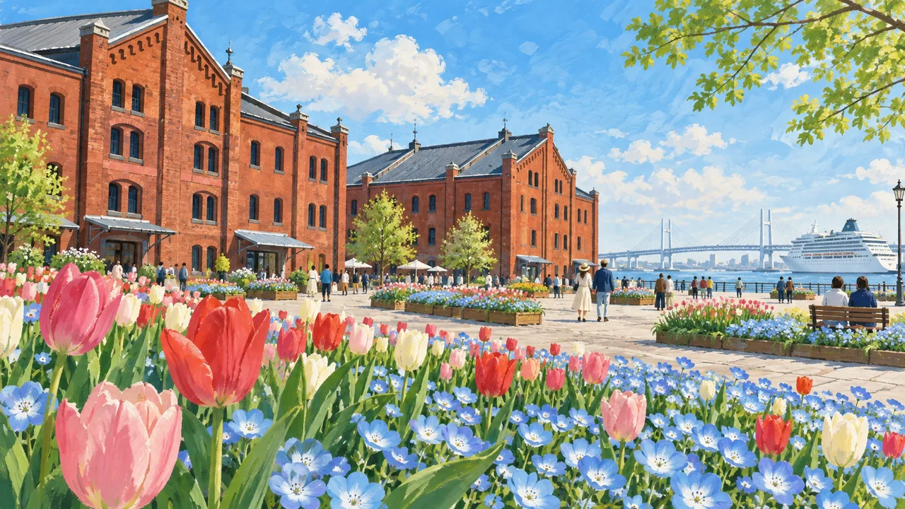 赤レンガの倉庫の前にチューリップとネモフィラの花畑が広がる春の風景を描いたイメージイラスト