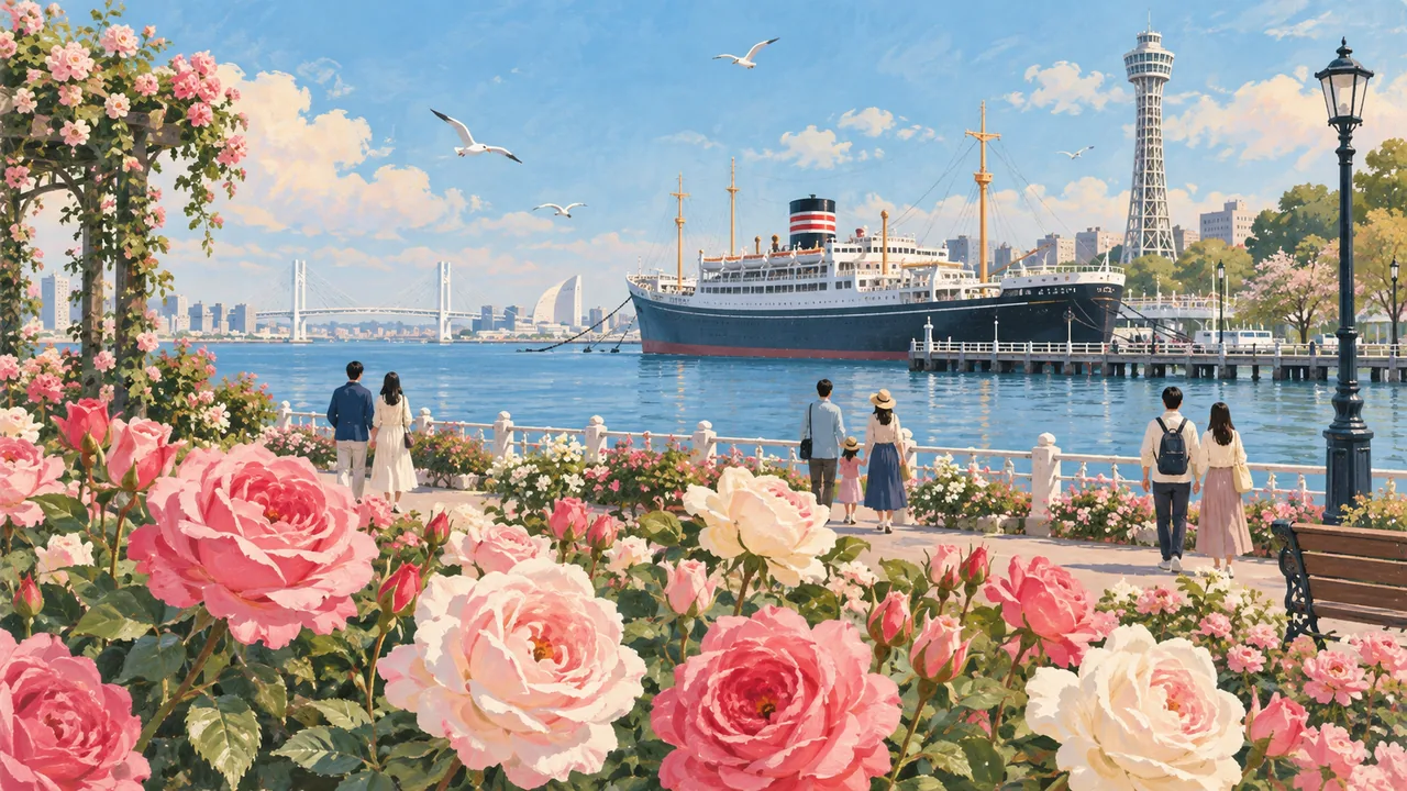 海沿いのバラ園と係留された客船、背後にタワーが立つ公園の風景を描いたイメージイラスト