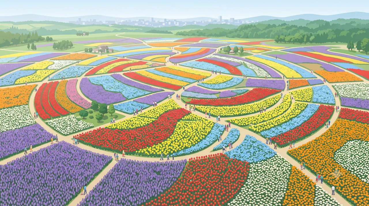 色とりどりの花畑が丘いっぱいに広がり、園路を大勢の来場者が歩く会場を俯瞰したイメージイラスト