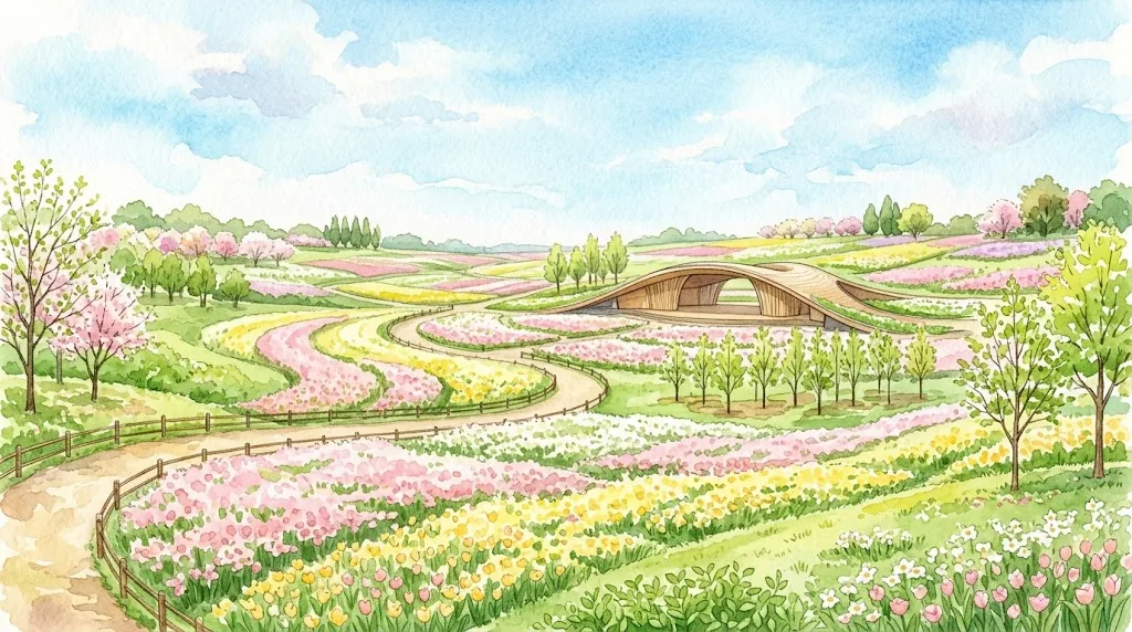 広大な花畑の向こうに木造の曲線屋根のパビリオンが建つ、春の博覧会場を描いた水彩画