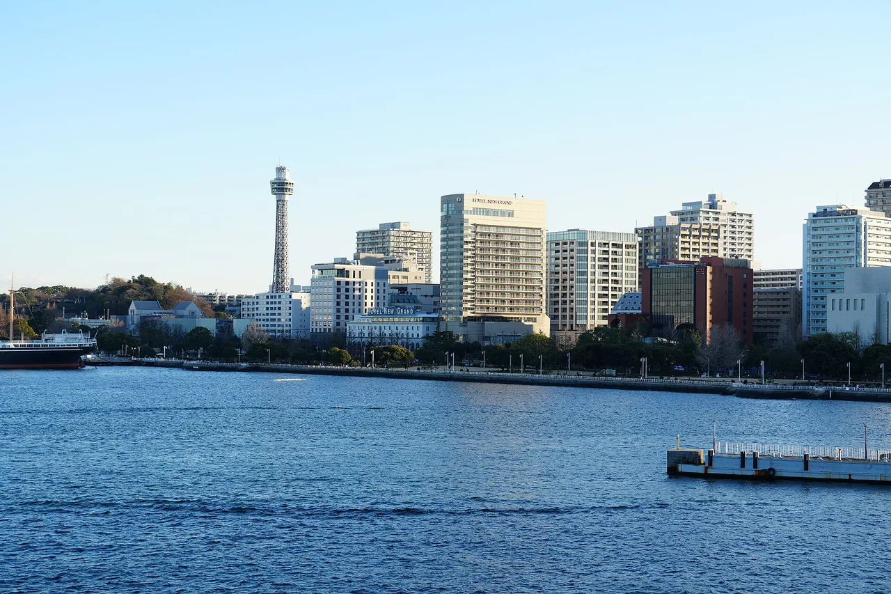 海沿いの山下公園越しにマリンタワーとみなとみらいのビル群が並ぶ横浜の風景