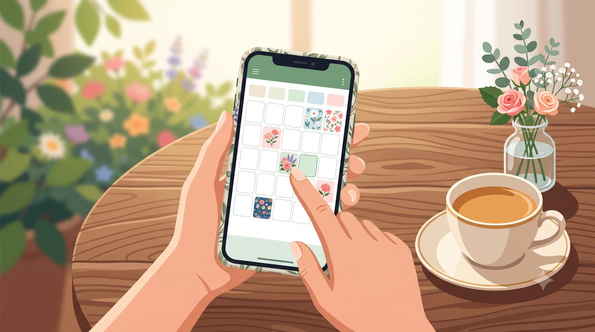 スマートフォンのカレンダー画面から来場日を選ぶ手元のイメージイラスト