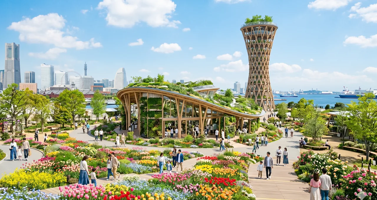 横浜花博2027 会場のイメージ（AI生成イラスト）。港を望むチューリップの花壇と木造のパビリオン