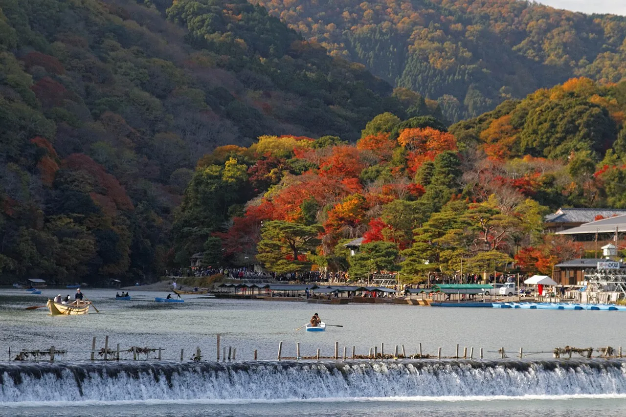紅葉に染まる嵐山の斜面と、桂川に浮かぶ屋形船
