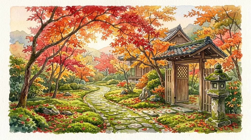 真紅と橙のモミジが苔むした石畳におおいかぶさる、晩秋の京都の寺の庭を描いた水彩画
