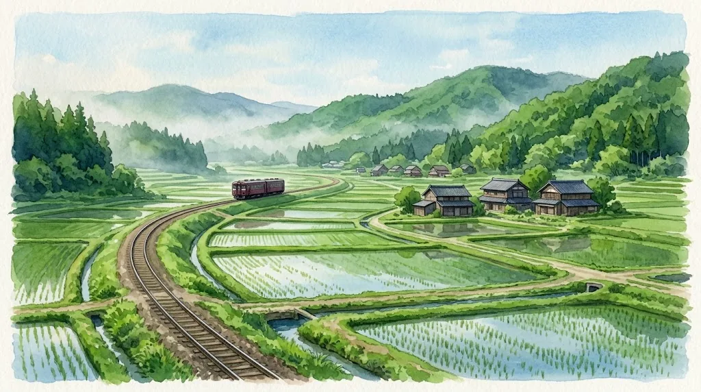 田んぼと里山のあいだをマルーン色の2両編成が走る風景を描いた水彩画のイメージ