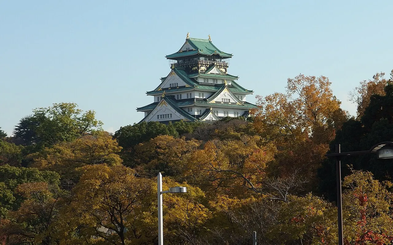 秋に色づいた木々の上にそびえる大阪城天守閣