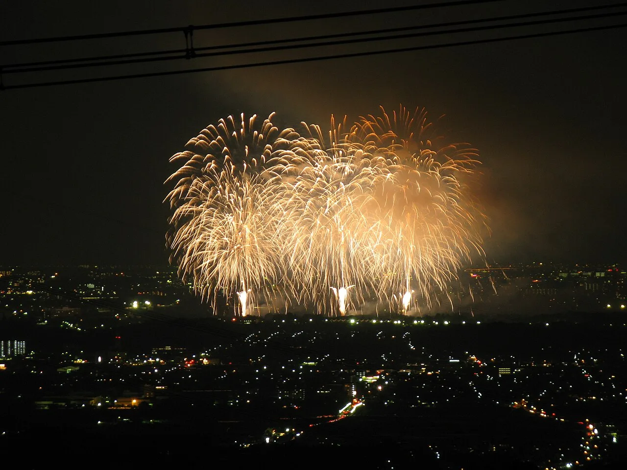 在りし日の教祖祭PL花火芸術。富田林の夜景の上に大輪が連なる