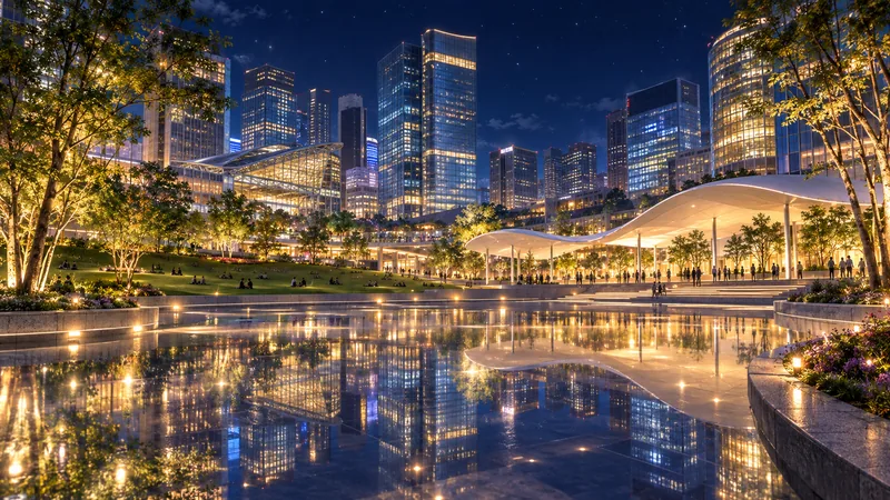 水面に街の灯りが映る夜の公園のイメージ画