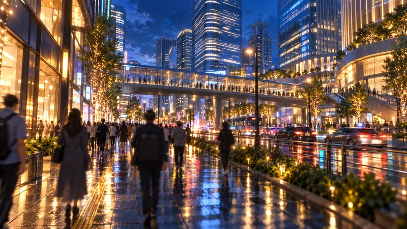 雨上がりの夜の繁華街を歩く人々の後ろ姿を描いたイメージ画