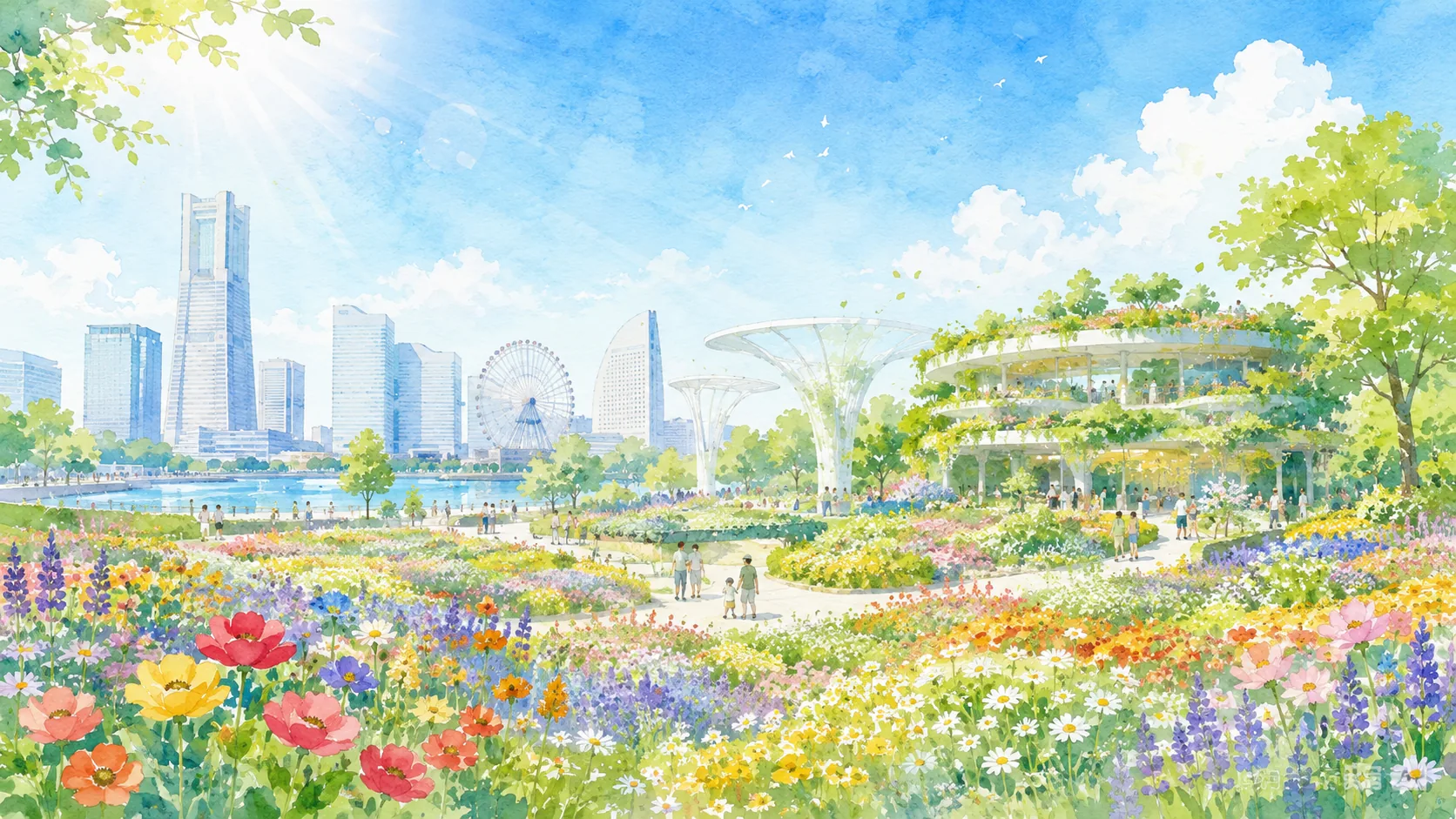 GREEN×EXPO 2027 横浜花博のイメージ。色とりどりの花畑と緑あふれる未来的な公園、奥にみなとみらいの高層ビル群と大観覧車のシルエット、澄んだ青空。