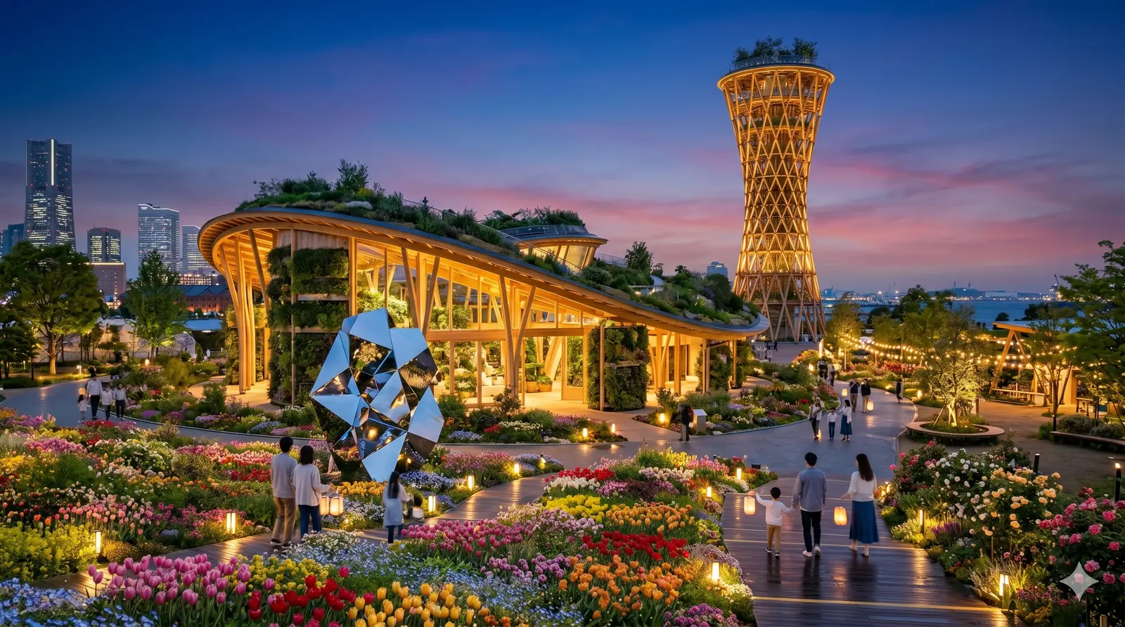 横浜花博 GREEN×EXPO 2027 会場の夕景イメージ。花畑と木造パビリオン、展望タワー、奥にみなとみらいのスカイライン