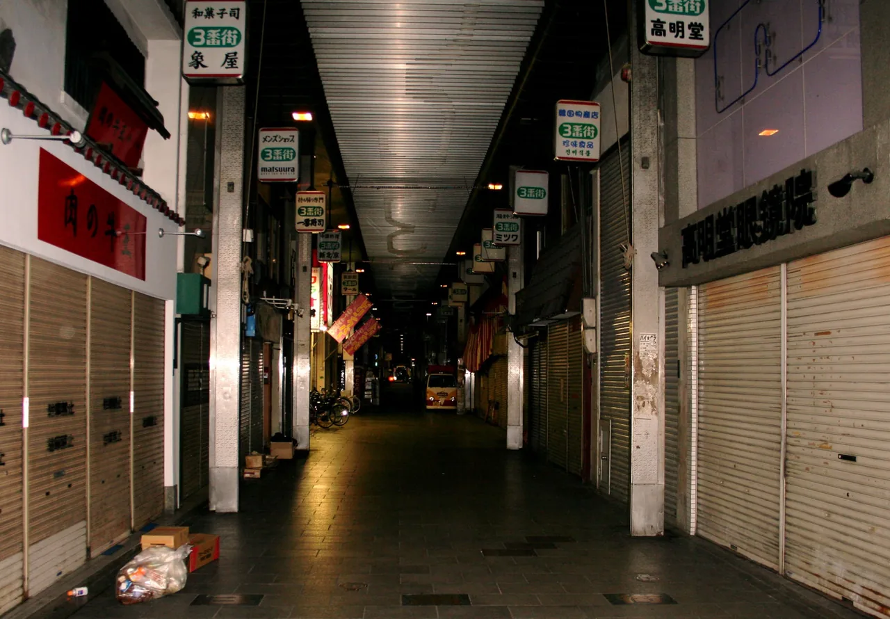 西成区の商店街のアーケード。夜、シャッターの下りた店が続く並び