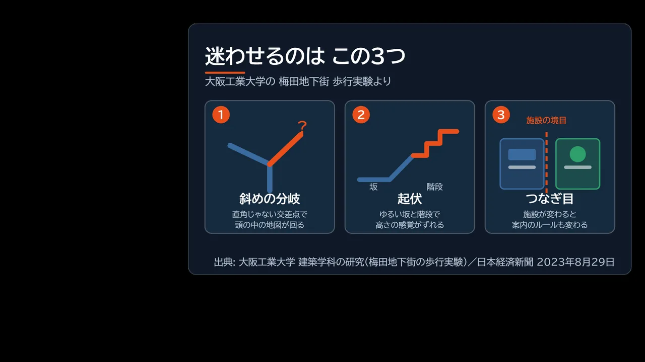 迷わせる3要因「斜めの分岐」「起伏」「施設の境目」を並べた図解